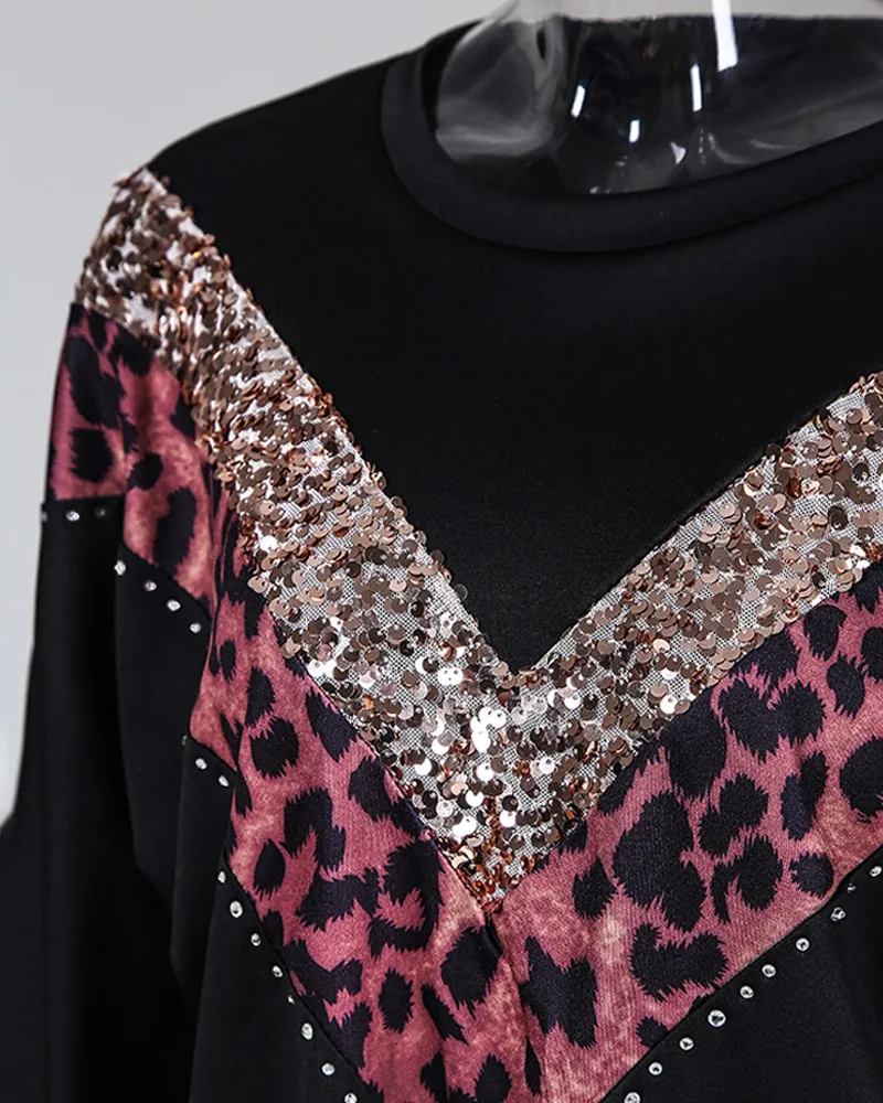 

Leopard Sequins Colorblock Insert Casual Blouse