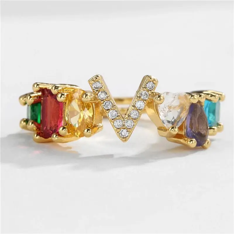 

Dainty A-Z 26 Letter Colorful Gemstone Rings Crystal Gold Plated Romantic Design Delicate Jewelry New Accessories