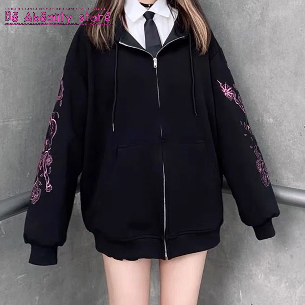 

Women Punk Graphic Print Zipper Ribbon Hooded Hoodie Oversize Coat Sweatshirt 90s Streetwear Vintage Spring Autumn Coat