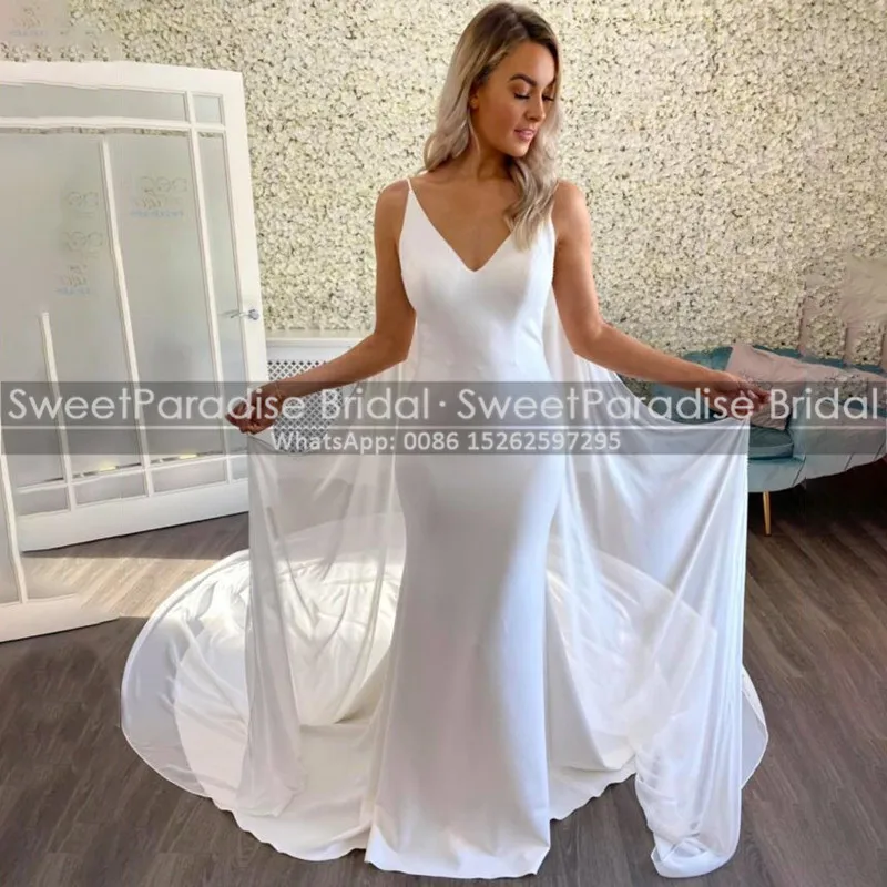 

Женское длинное свадебное платье, белое строгое платье на тонких бретелях, со шлейфом, со шлейфом, шифоновая накидка