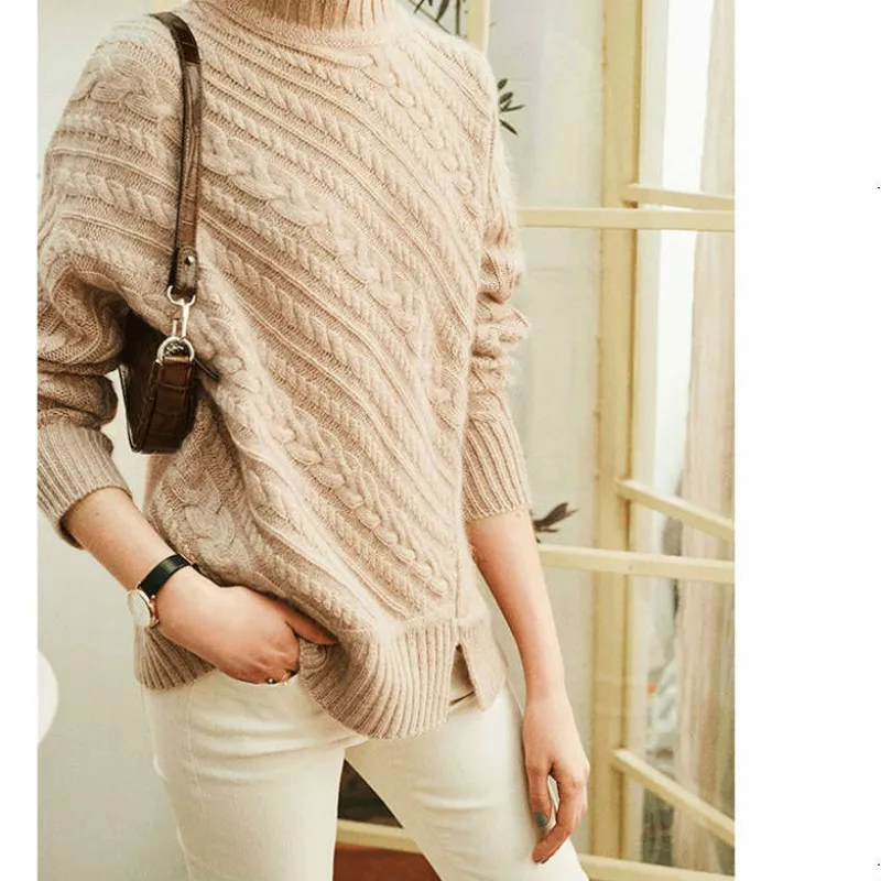 wool sweater female half-high collar oblique twisted loose lazy wind bottoming women knitted pullover | Женская одежда