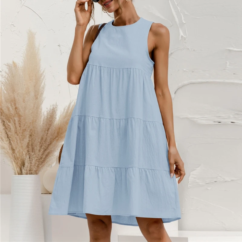

Sleeveless Casual Loose Solid Dress Women Summer O-Neck Sexy Off Shoulder Tank Holiday Sundress