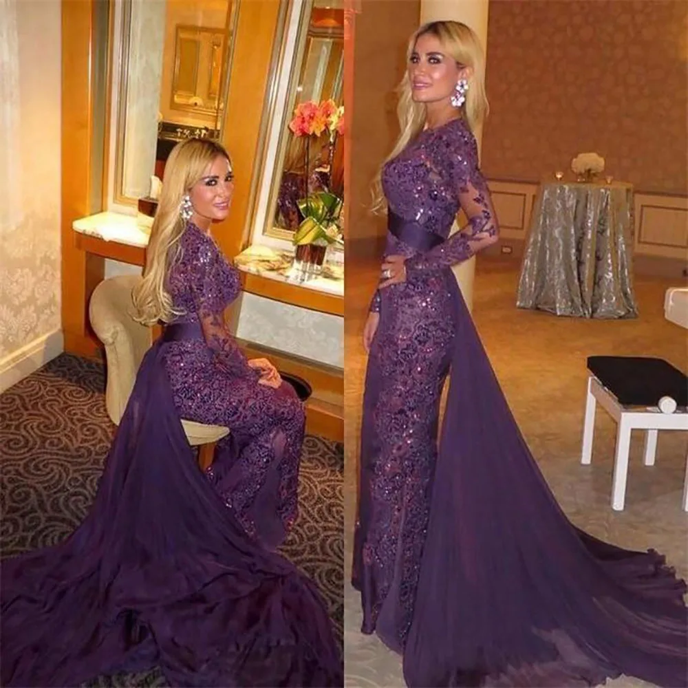 

O-Neck Mermaid Muslim Evening Dresses Long Sleeves Lace Crystals Islamic Dubai Saudi Arabic Purple Long Elegant Evening Prom Gow