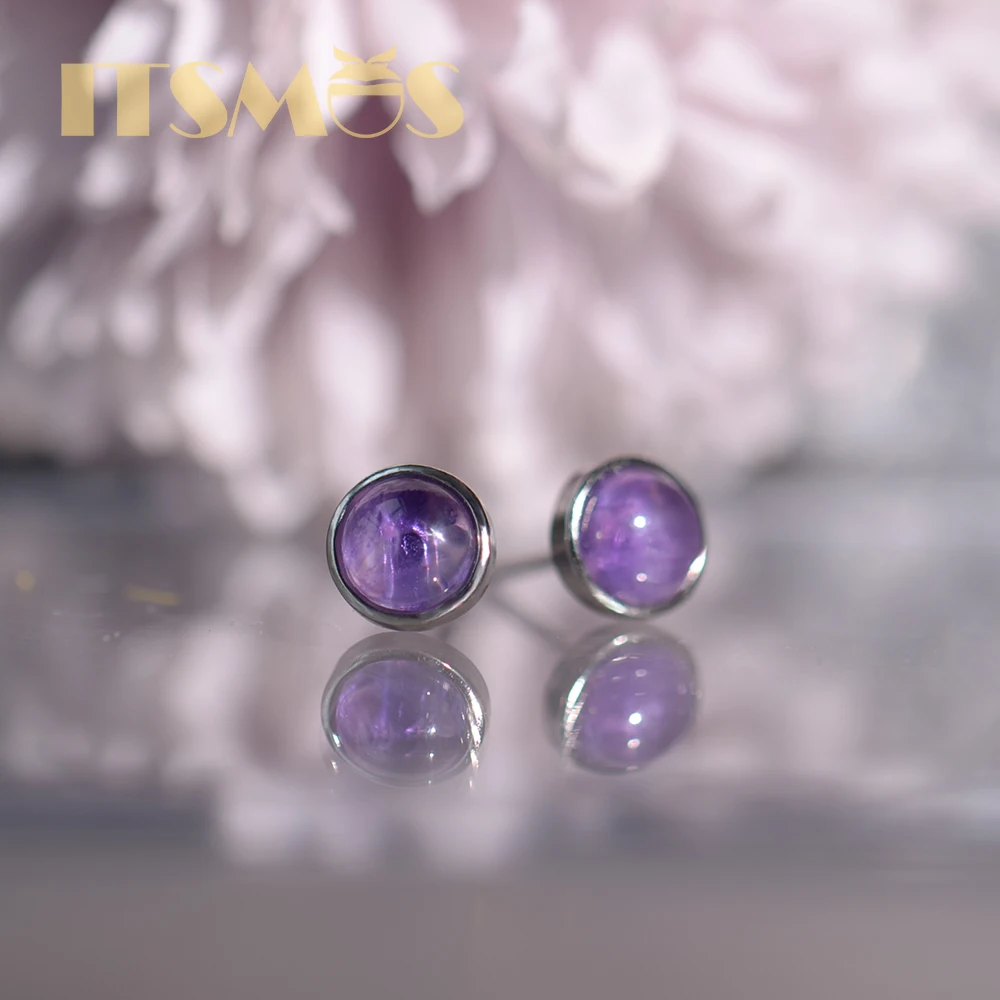 

ITSMOS Natural Amethyst Purple Earrings 925 Silver Fine Jewelry Round Simple Charm Cool Mystery Studs for Women Girl Gift