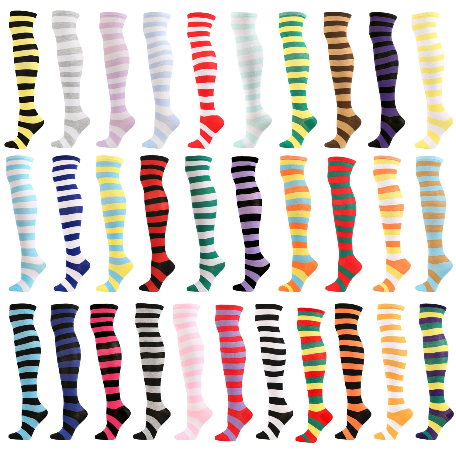 

28 Colors Japan Designer Color Block Stripes Rainbow Cotton Knitted Over Knee Long Socks Women Girls