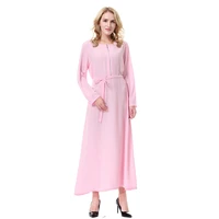 women muslim long dress 2022 summer pure color elegant dubai abaya islam femme vestiods fashion sashes robe pink maxi dresses
