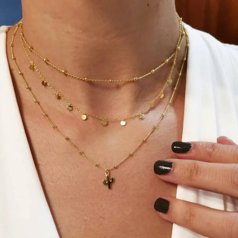 

Ins Style Multi Layers Cactus Women Necklace Gold Color Chain Choker Round Pendant Simple Fashion Boho Lady Jewelry Girls Gift