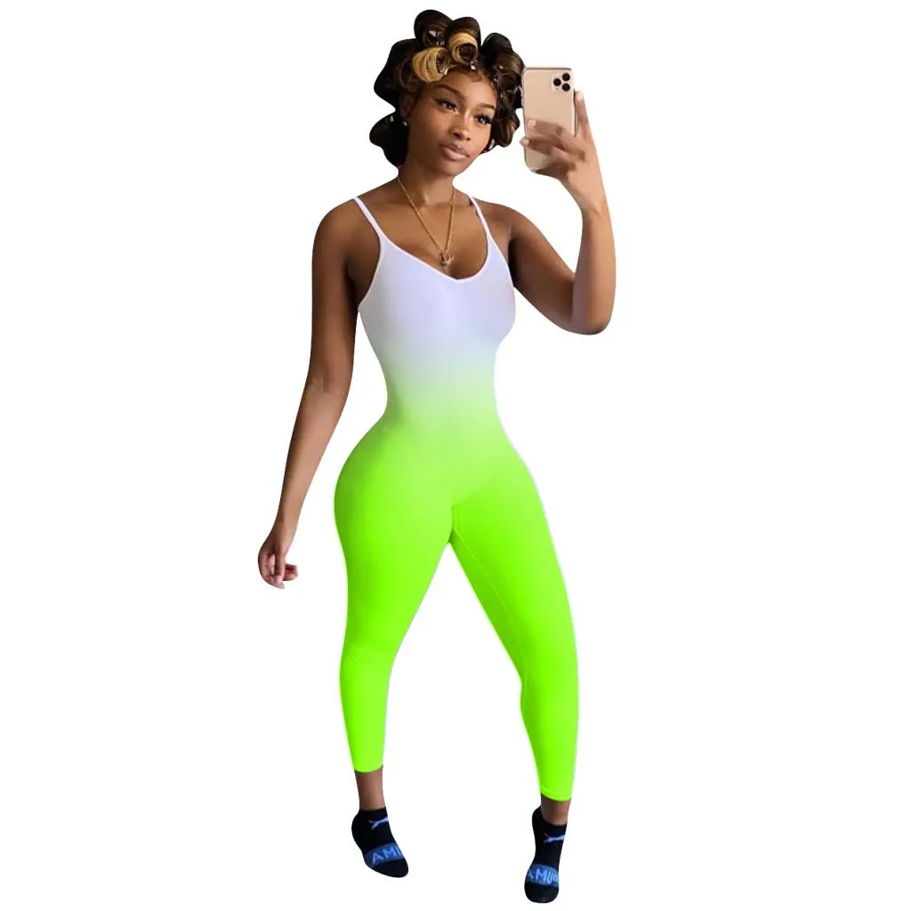 

Spaghetti Strap Summer Skinny Bodysuit For Women Rainbow Tie Dye Gradient Print Jumpsuit Streetwear V Neck Sleeveless Playsuits