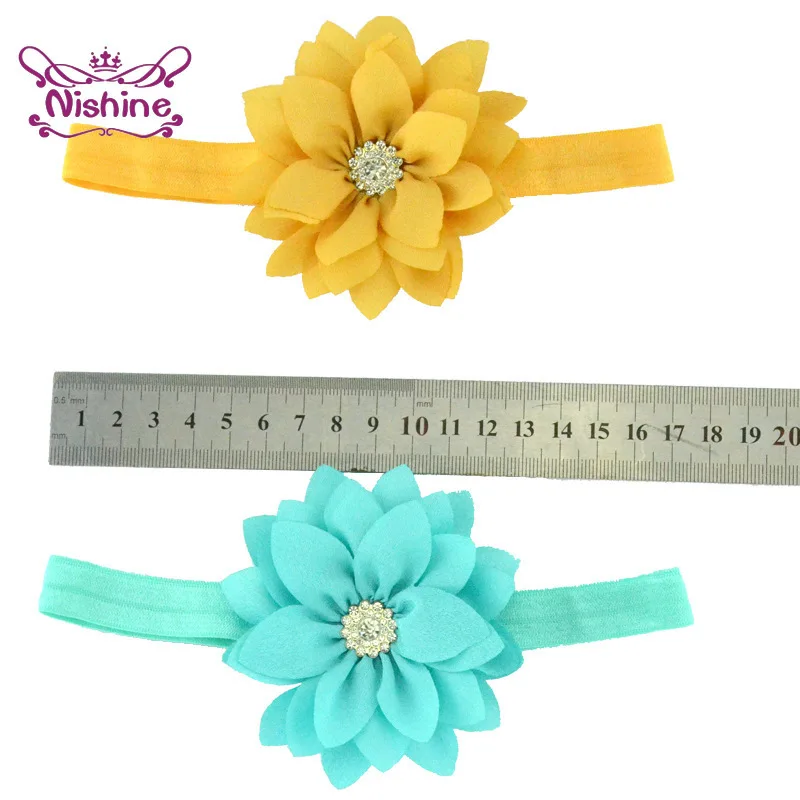

Nishine 6pcs/lot Handmade Chiffon Flower Headband with Acrylic Diamond 16 Colors Sharp Angle Lotus Elastic Hairband Girls Gifts