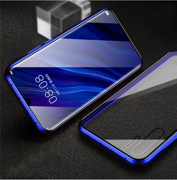 Двухсторонний стеклянный прозрачный Магнитный чехол для huawei P30 Lite светильник Pro P 30 чехол s 360 ° Защитный металлический бампер Магнитный чехол - Цвет: Blue