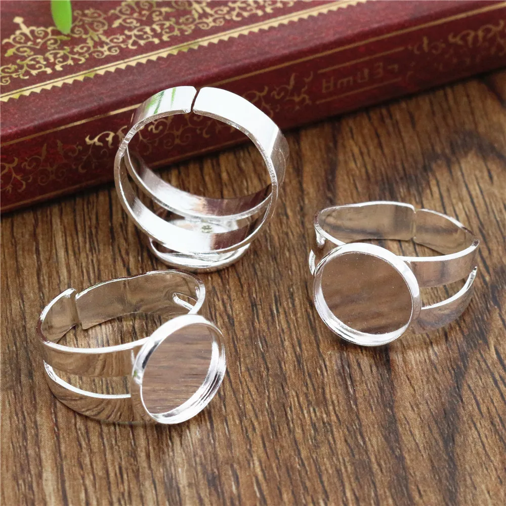 

12mm 16mm 10pcs Silver Plated Brass Adjustable Ring Settings Blank/Base,Fit 12mm 16mm Glass Cabochons,Buttons;Ring Bezels