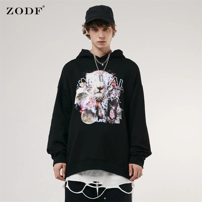 

Новинка 2021, зимние мужские флисовые толстовки ZODF с капюшоном, свободные толстовки в стиле унисекс с принтом животных, толстовки с капюшоном ...