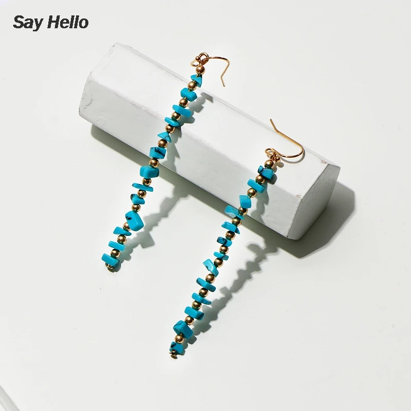 SAY HELLO Boho Turquoises Square Polygon Irregular Geometric Dangle Earrings Fringed Jewelry Made Of Metal Beads A0543 | Украшения и