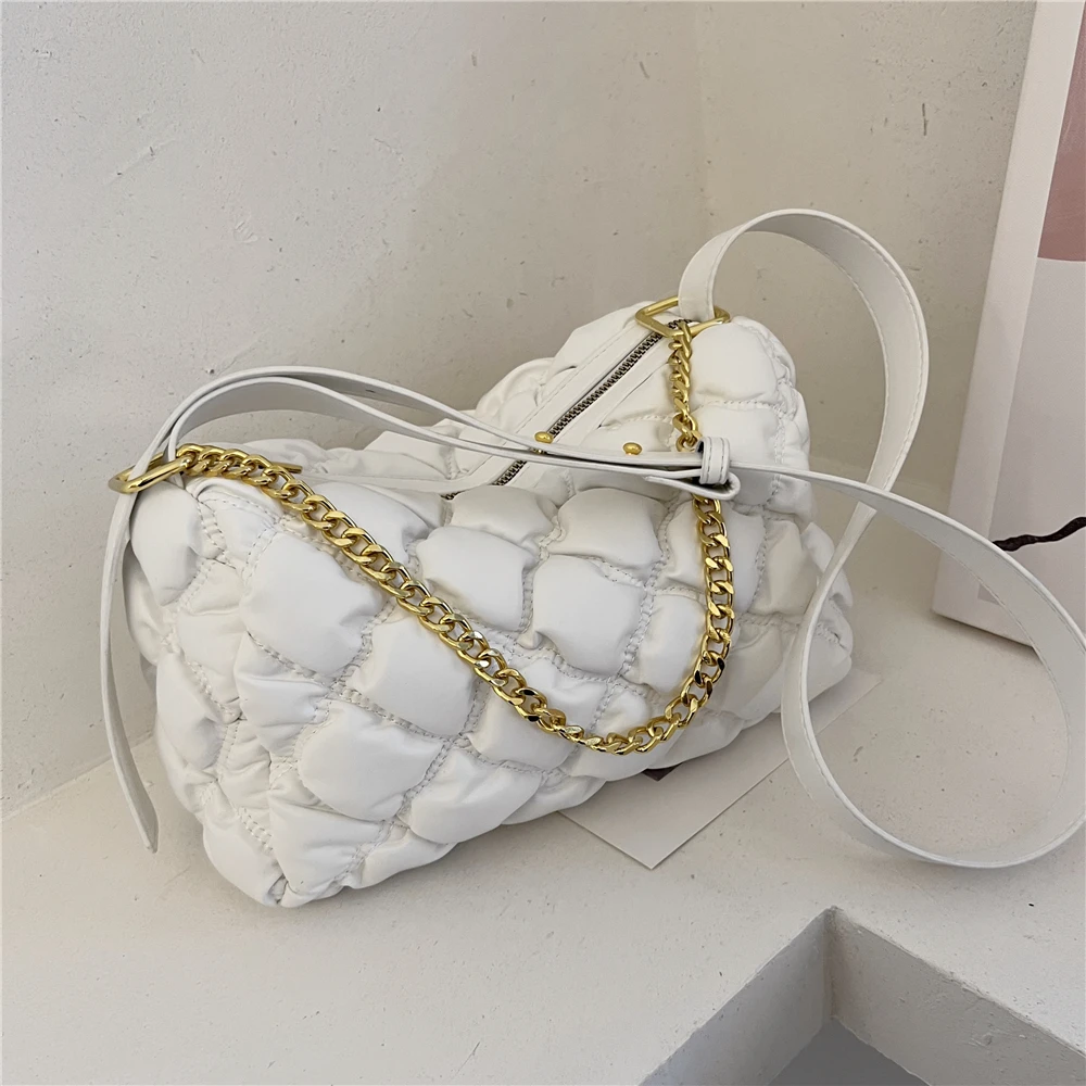

Korean Style Folds Padded PU Leather Wide Strap Shoulder Crossbody Bags For Women Plaid Chain Designer Brand Boston Bags 2022