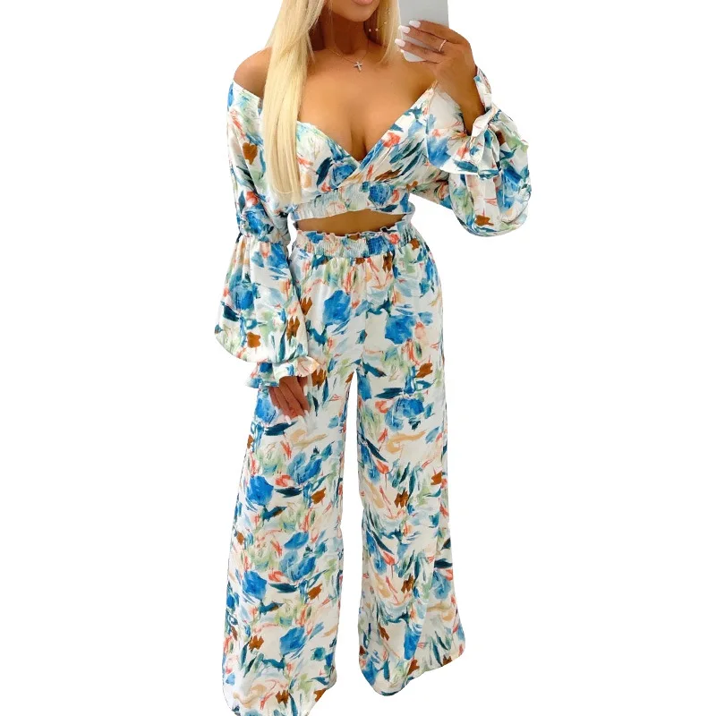 

2021 spring new European and American suit casual sexy fashion printed two-piece exposed navel suit