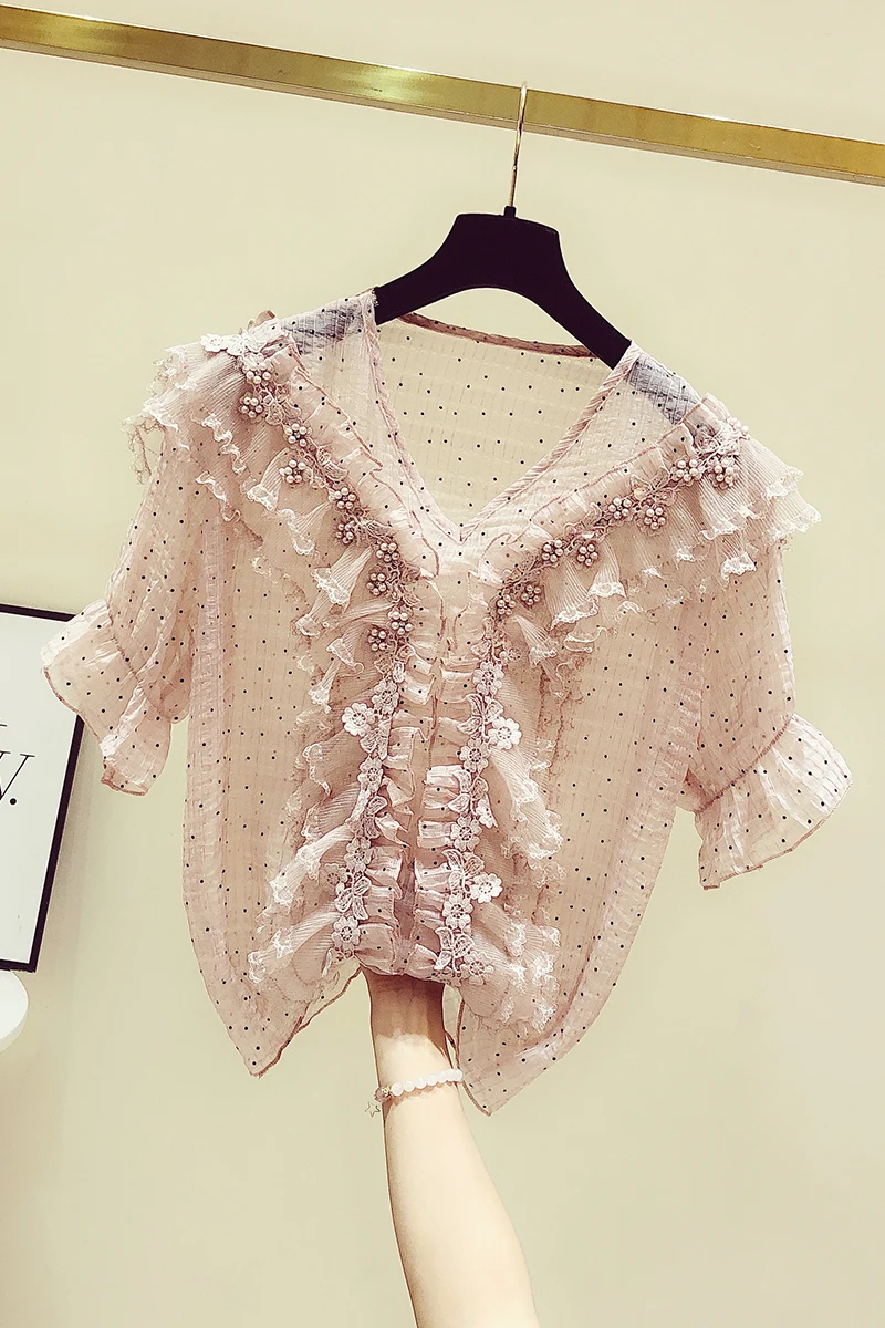 

Beads Diamond Polka Dot Shirt Women's Short Sleeve Fashionable V Neck Ruffled Top Female Blusas Con Lentejuelas De Mujer