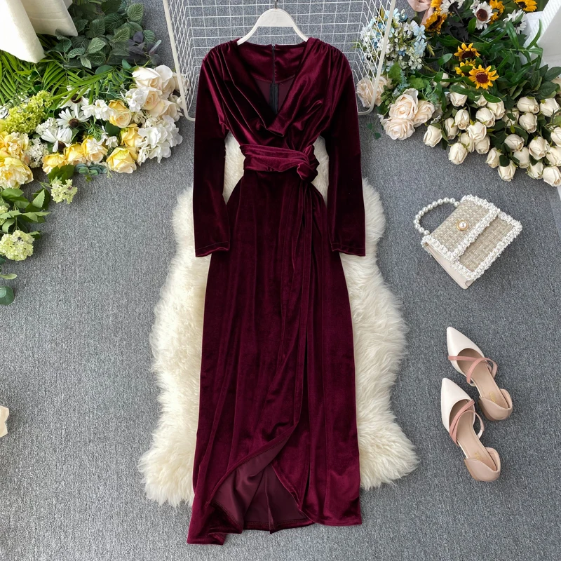 Женское однотонное тонкое вечернее платье с длинным рукавом и v образным вырезом