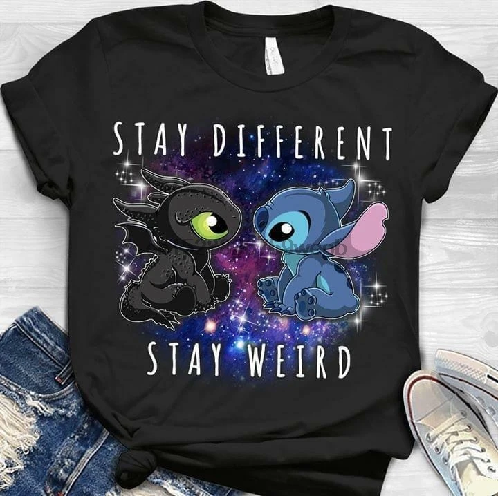 Стежка и Беззубик оставайтесь разными странные футболки черные хлопковые