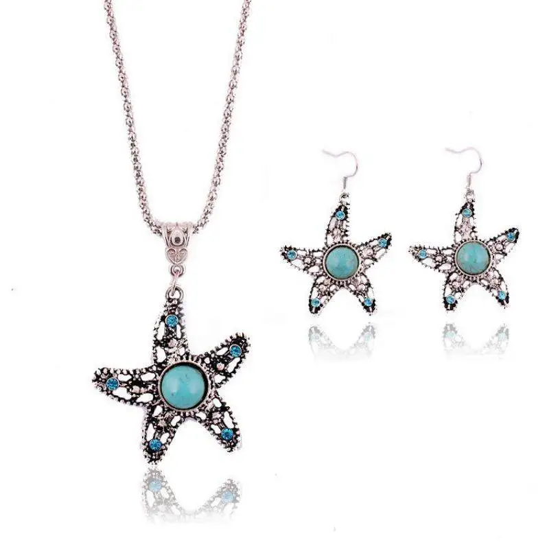 

CANZE Women Vintage Bohemian Necklace Starfish Hollow Pendant Turquoise Eardrop Jewelry