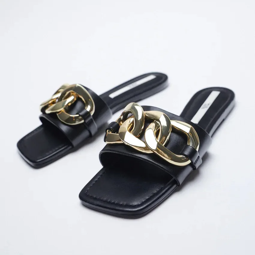 

Zar a Woman 2021 Flat Shoes Spring Summer New Sexy Metal Chain Fashion Square Toe Flat-Heeled Beach Sandals For Women Plus Size