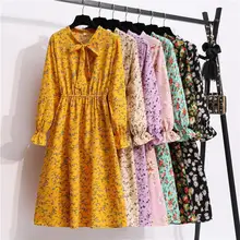 Women Chiffon Dress Female Vintage Floral Printed Long Sleeve Bow Midi Dresses Spring Autumn Flare Sleeve Dress (4)