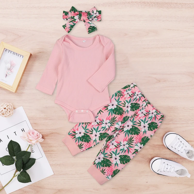 

Spring Newborn Cute Baby Girl Instagramable Outfits Sets Autumn Baby's Sets Long Sleeve Bodysuit+Rose Print Pants+Headband 0-24M