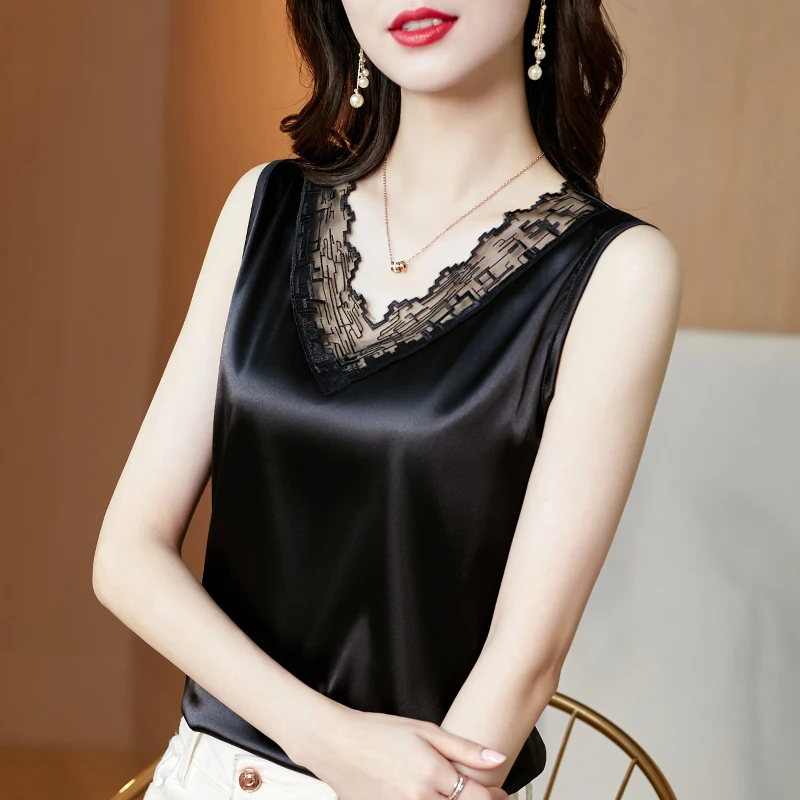 

Korean fashion women's vest satin patchwork lace top 2021 hot sale vest and camisole