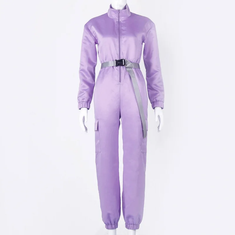

Fall 2019 Women's New Zipper Half Stand Collar Long Sleeve Belt Large Pocket Jumpers Women Purple Jumpsuit