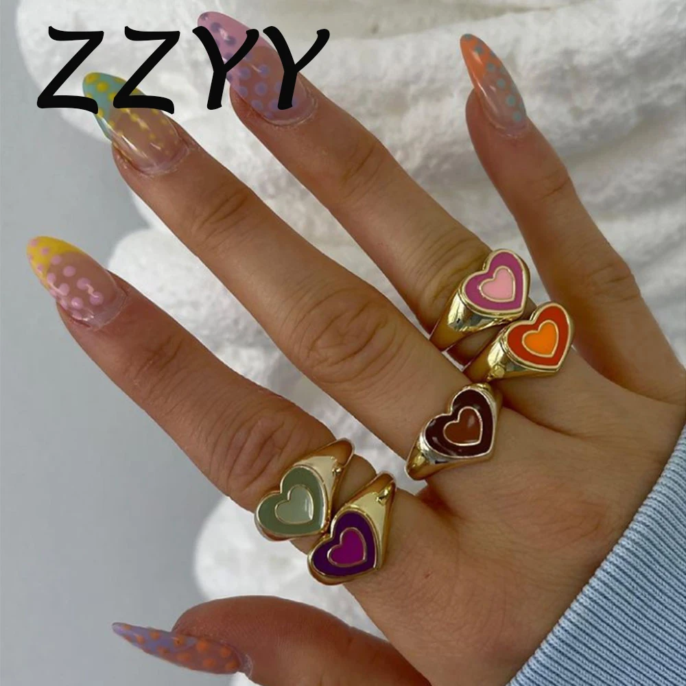 

ZZYY Colorful Rings for Women Glossy Dripping Love Heart Ring Peach Jewelry Exquisite Wild Trend Accessories Wholesales 2021 New