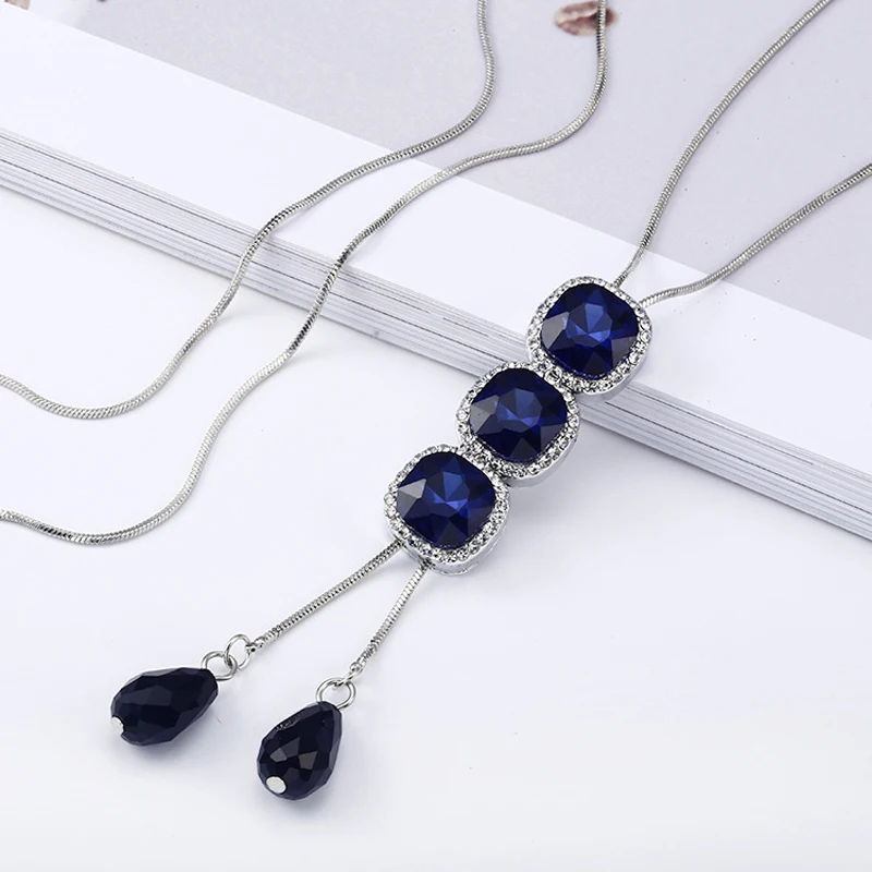 F&ampU colar Crystal Three Circles Blue Pendant Long Necklace Female Winter Sweater Chain All-match Accessories Fashion For Women |