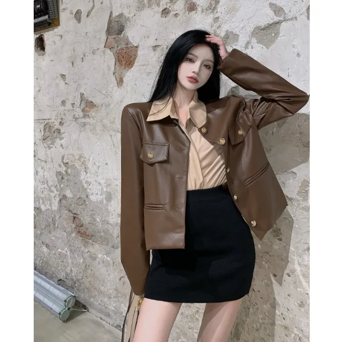 

Pu Leathe Vintage O Neck Single Breasted Long Sleeve Jacket For Women Spring Autumn High Street Chic Loose Jackets Outwear Top