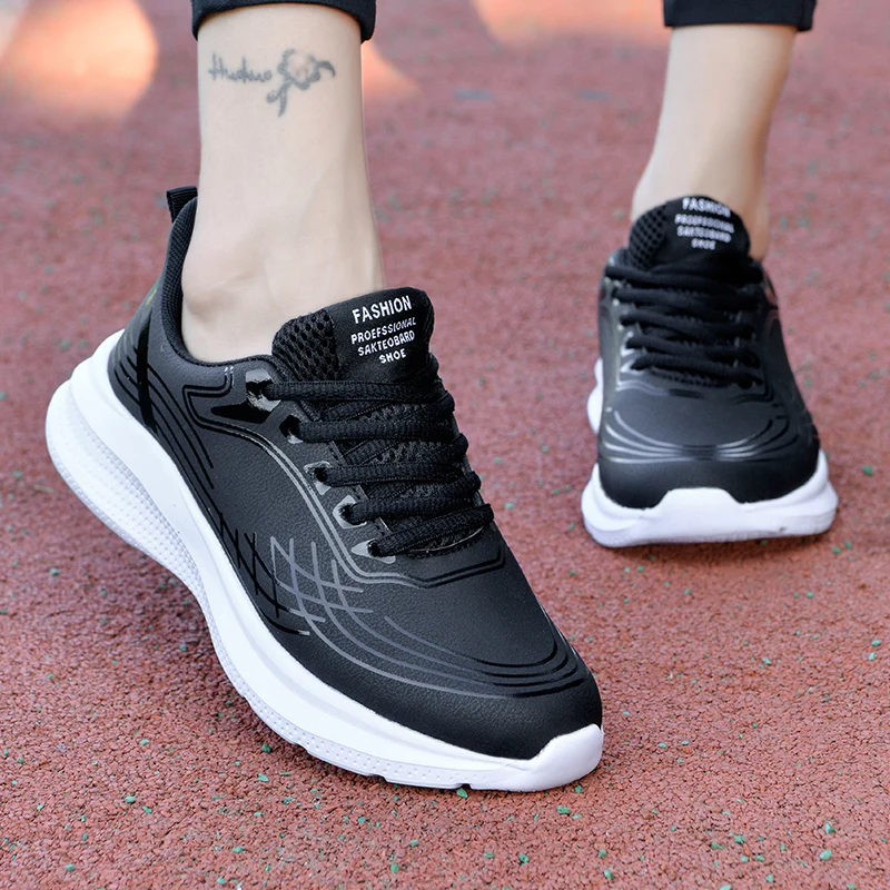 ZHENZU New Autumn Winter Leather Black Running Shoes Women Sport Chunky Sneakers Tennis Trainers Walking zapatillas de deporte