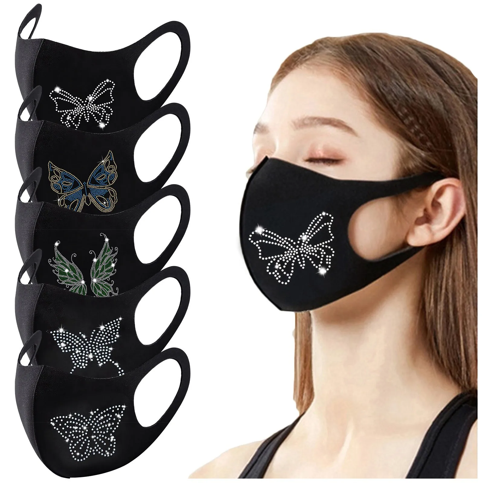 

Black For 1PC Adult Rhinestone Butterfly Mask Women Diamond Print Reusable Washable Mask Mascarillas Маска Со Стразами Wasbaar