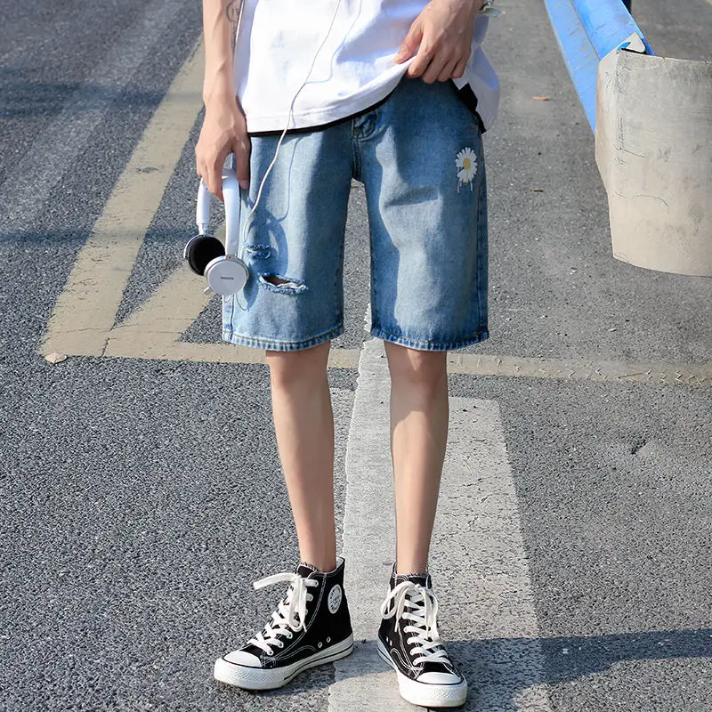 

Шорты мужские из денима, тонкие свободные тонкие штаны с принтом маргариток, потертые рваные мешковатые джинсовые штаны, синие, на лето