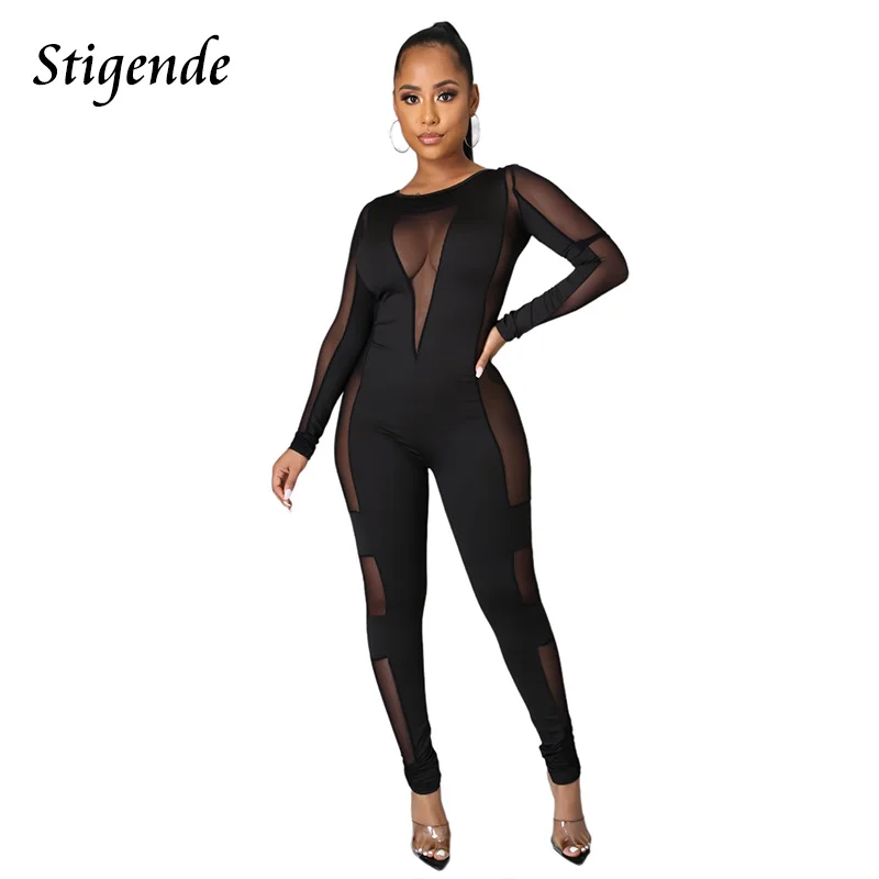 

Stigende для женщин из сетчатой ткани с длинными рукавами; В стиле пэчворк комбинезон пикантные прозрачные вечерние общая элегантный черный це...