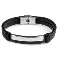 genuine leather bracelet silver color stainless steel handmade office and leisure style memorial bangles for men