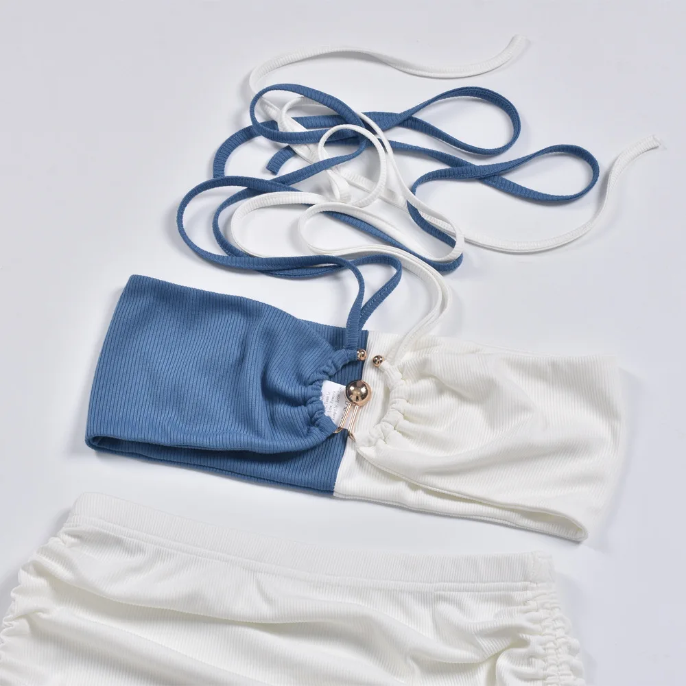 

Halter Sexy Backless Cut Out Crop Top and Mini Skirts Drawstring Ruched Women Matching Club Fashion Outfits
