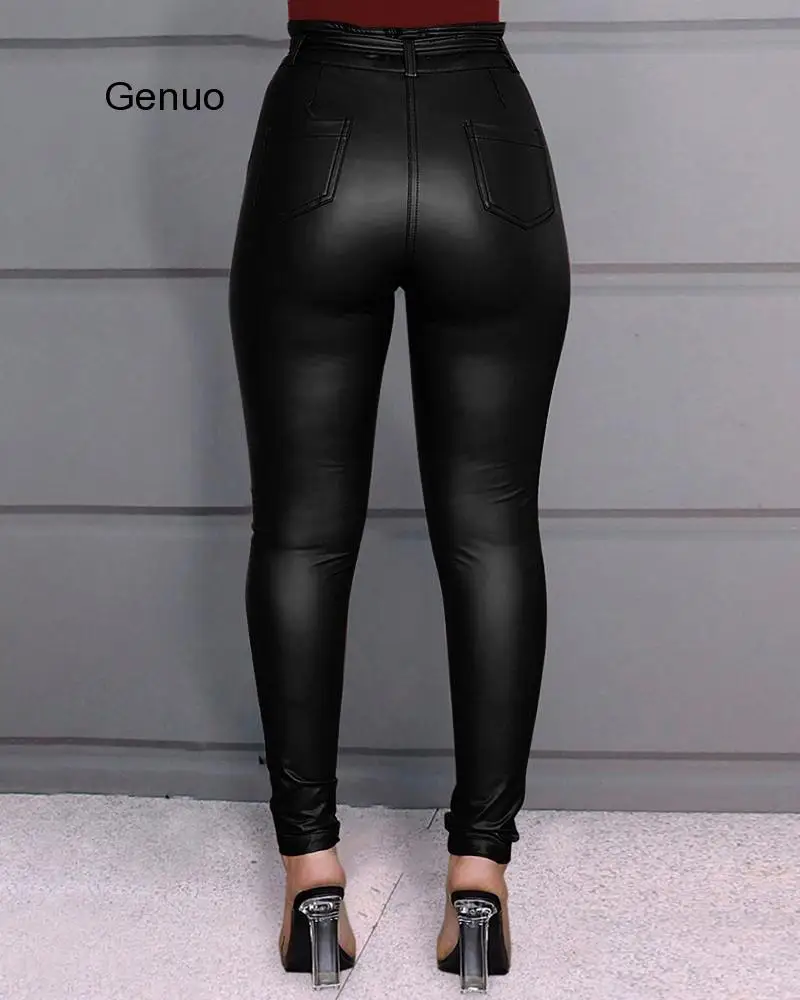 

Belt High Waist Pencil Pant Women Faux Leather Pu Sashes Long Trousers Casual Sexy Exclusive Design Fashion Pants