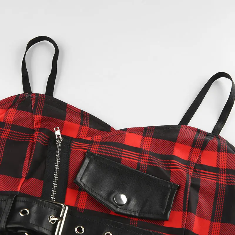 

European/American ins metal buckle accessories careful machine red plaid short camisole crop top female 2021 new Gothic style