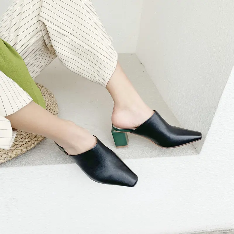 

Genuine Leather Mules Shoes Women Slippers Summer Closed Toe High Heels Leisure Female Slippers Outdoor