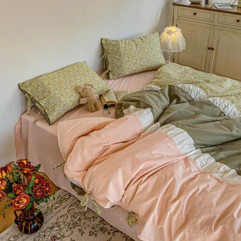 

Ins Style Korean Splice Bedding Set Washed Cotton Pastoralism Retro Small Floral Bowknot Quilt Cover Sheet Pillowcase 4 PCS