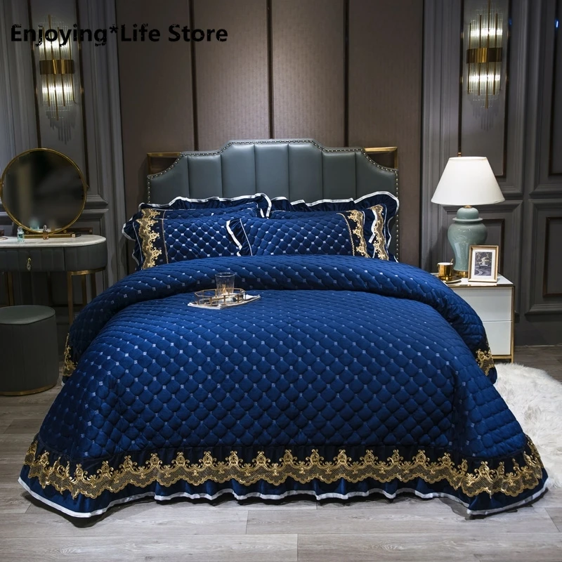

2020 Blue Simple Quilting Bedsheet Fleece Fabric Stitching Bedlinens Coverlet 3pcs Bedspread Set Pillowcases