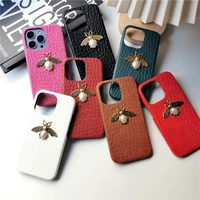 cute animal leather bee with pearl hard semi enclosed case for iphone 11 12 13 pro max 7 8 plus xr x xs se 2 iphone cover fundas