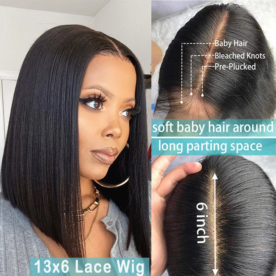 Short Bob Lace Front Wig Straight Frontal Human Hair Wigs Brazilian Remy Closure 180 Density Pre Plucked For Black Women | Шиньоны и