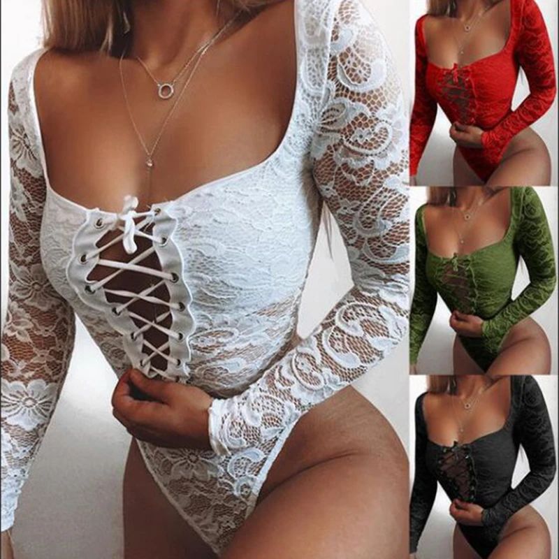 

Women Spring Sexy Bodysuit Long Sleeve Cross Square Collar Ladies Solid Color Lace Patchwork High Waist Bodysuit