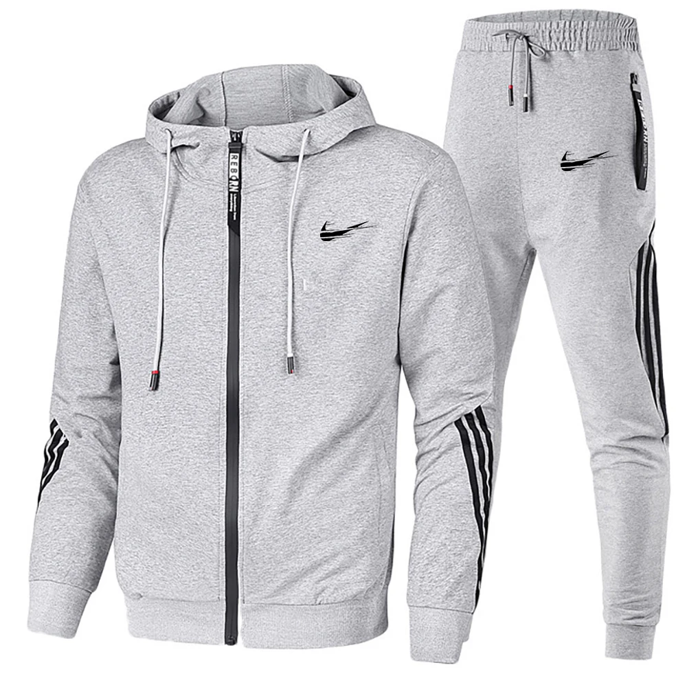 

2021 Men's Sportswear Suit Zipper Three-Pole Sportswear Men's Spring Casual Hooded Sweater Hoodie 2 Pieces + Pants Jogging
