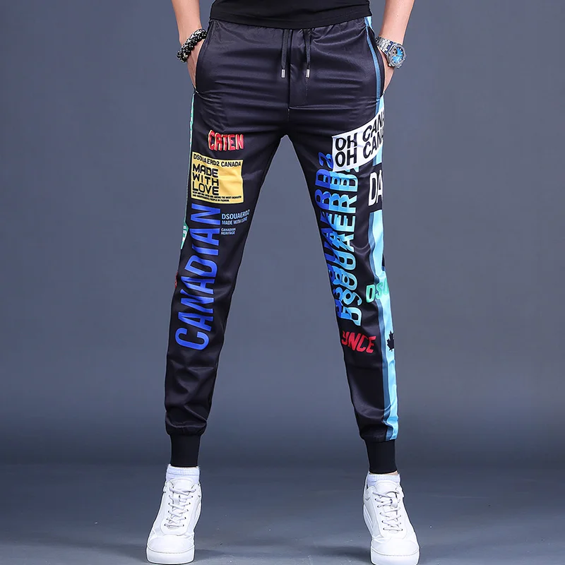 

Fashion Printed Pants Men Handsome Joggers 2022 Summer Casual Streetwear Black Drawstring Trousers