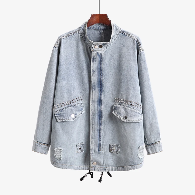 

4XL WOMEN'S Dress Loose Beads Washing Water Jeans Coat