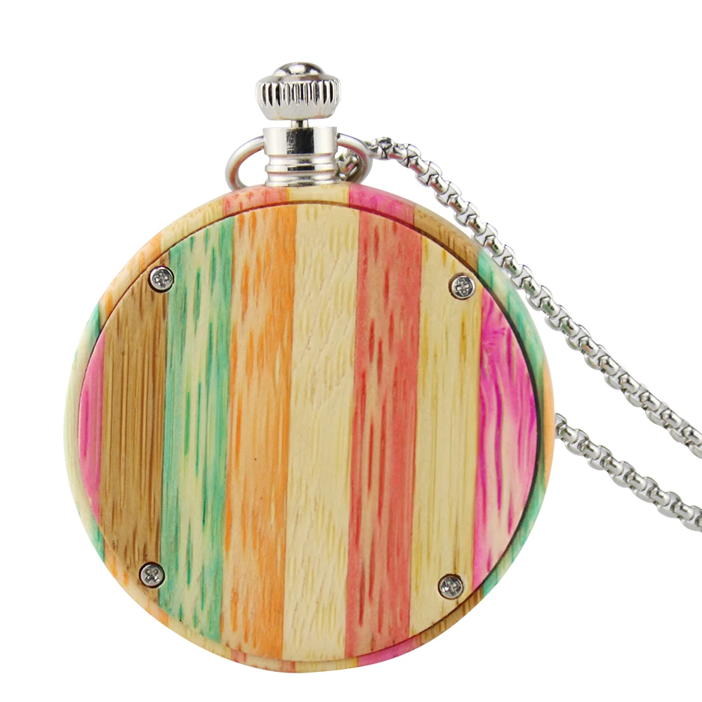 Unique Colorful Wood Quartz Pocket Watch Fashion Candy Color Wooden Round Case Necklace Sweater Chain Clock Relojes de bolsillo