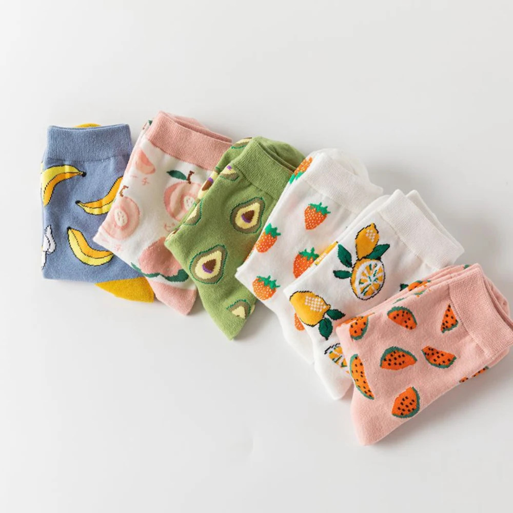 12 Pairs/Lot Cute Woman Socks Girl’s Cartoon Fruit Avocado Peach Funny Cotton Socks Ladies Comfortable Soft Casual Long Socks